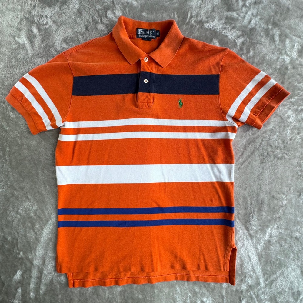 Polo Ralph Lauren Polo Shirt Mens M Orange‎ Navy White Striped Preppy Pique Top